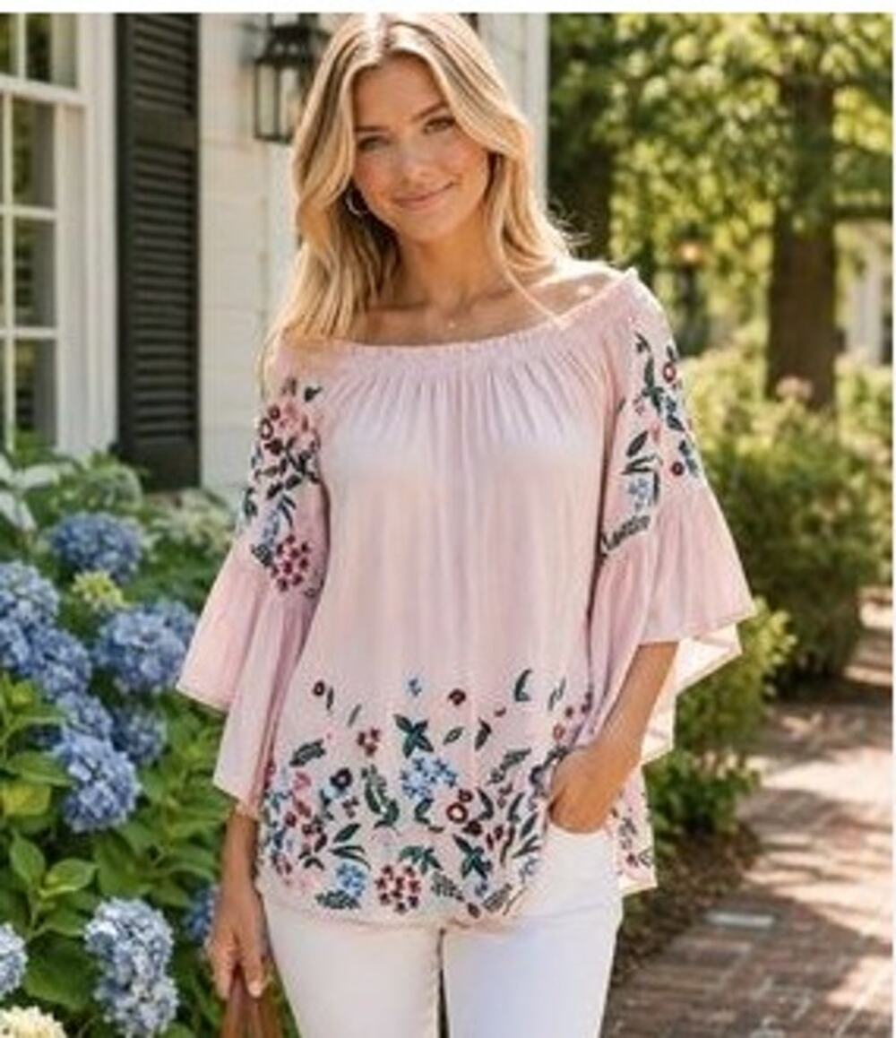 Altar'd State Long Pink Embroidered Blouse w/ Flared Sleeves - Size Small